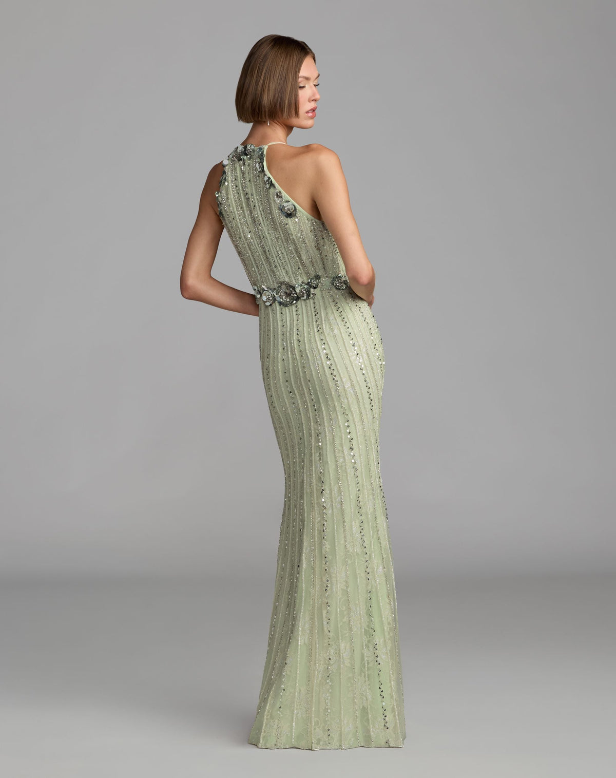 Mac Duggal Green 3D Floral Embellished Sleeveless Column Gown