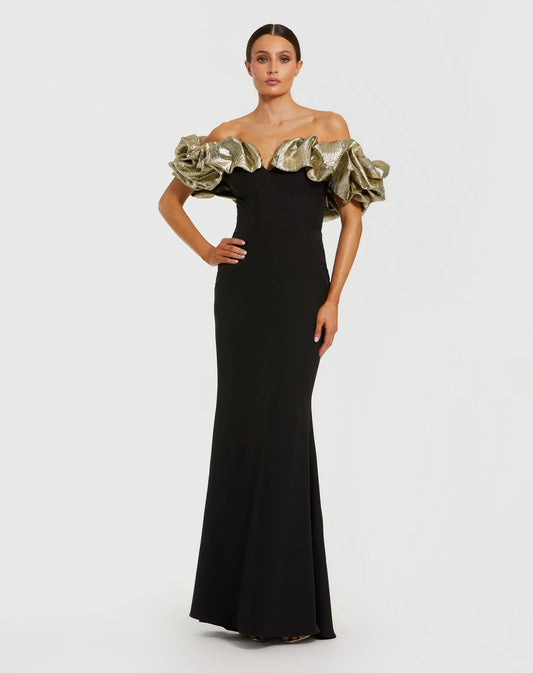 Mac Duggal Black Mermaid Gown With Off The Shoulder Ruffle Detail