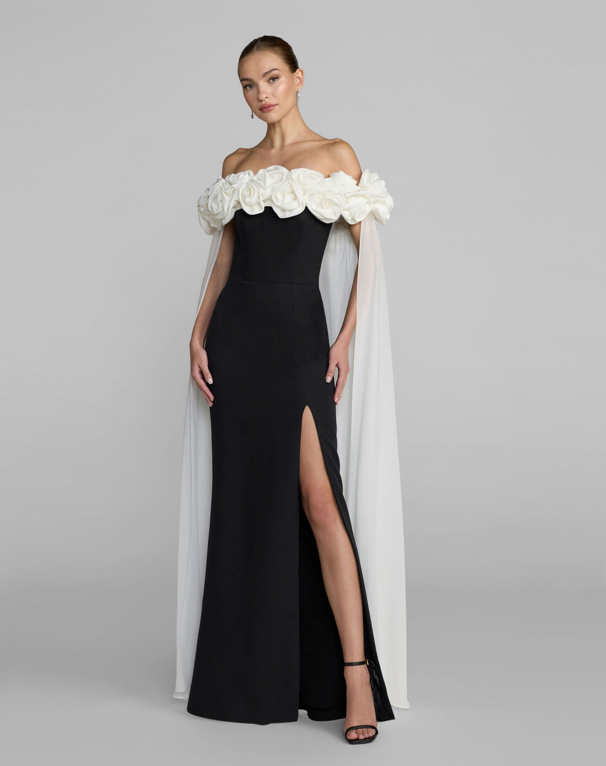 Mac Duggal Black Off The Shoulder Crepe Gown With Chiffon Cape