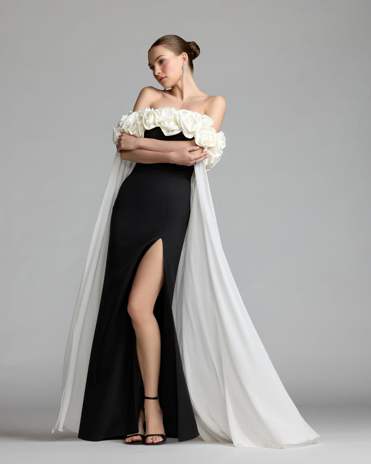 Mac Duggal Black Off The Shoulder Crepe Gown With Chiffon Cape