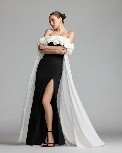 Mac Duggal Black Off The Shoulder Crepe Gown With Chiffon Cape