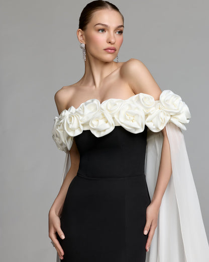 Mac Duggal Black Off The Shoulder Crepe Gown With Chiffon Cape