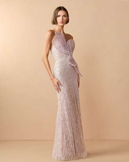 Mac Duggal Purple Strapless Embellished Column Gown With 3D Petals