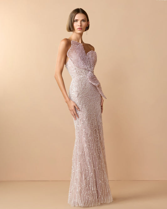 Mac Duggal Purple Strapless Embellished Column Gown With 3D Petals
