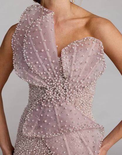 Mac Duggal Purple Strapless Embellished Column Gown With 3D Petals