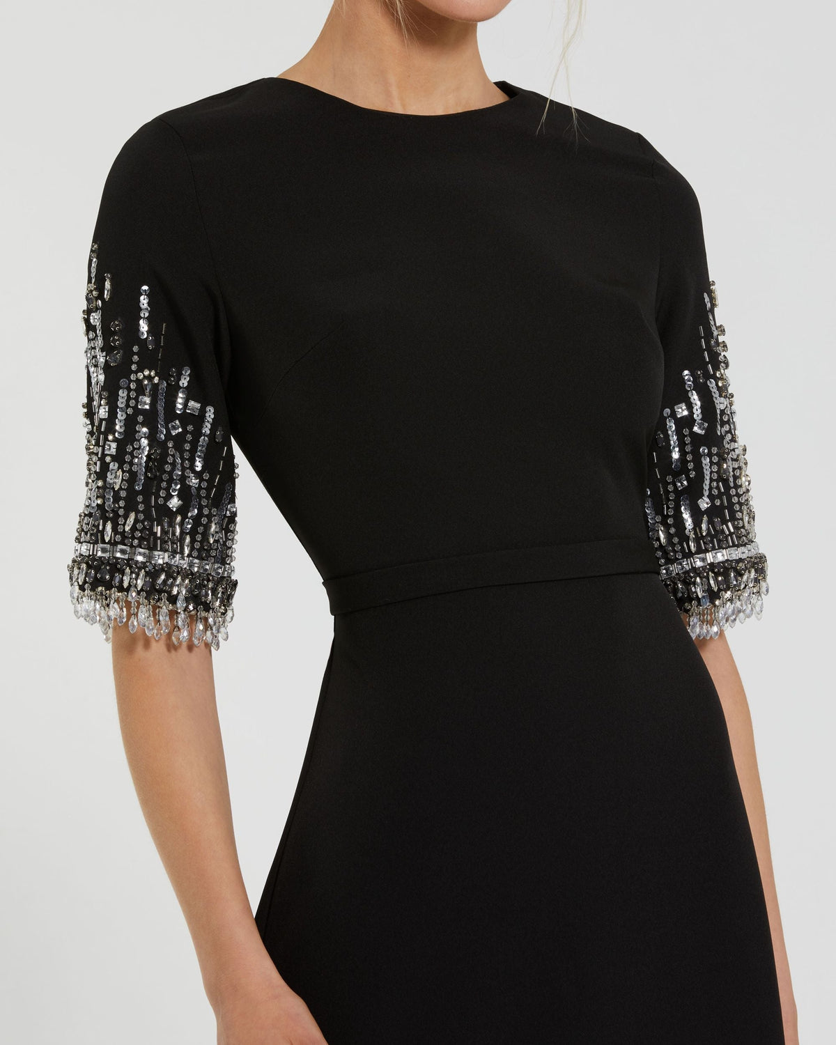 Mac Duggal Petite Black Crepe A Line Gown With Beaded 3/4 Sleeves