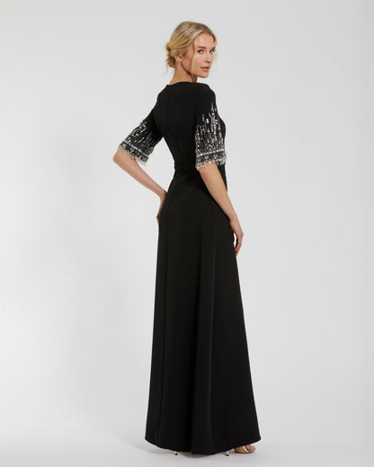 Mac Duggal Petite Black Crepe A Line Gown With Beaded 3/4 Sleeves