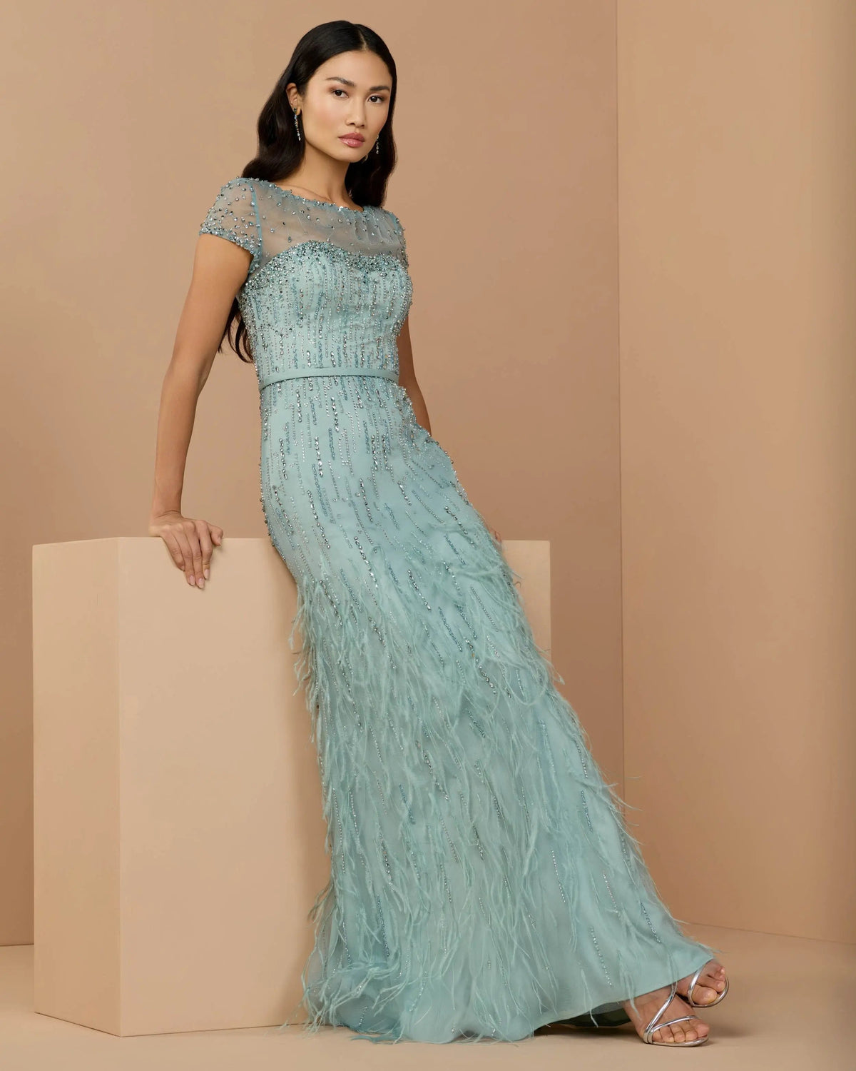Mac Duggal Blue Rhinestone Embellished Illusion Neck Feather Gown