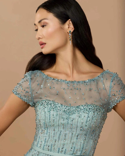 Mac Duggal Blue Rhinestone Embellished Illusion Neck Feather Gown