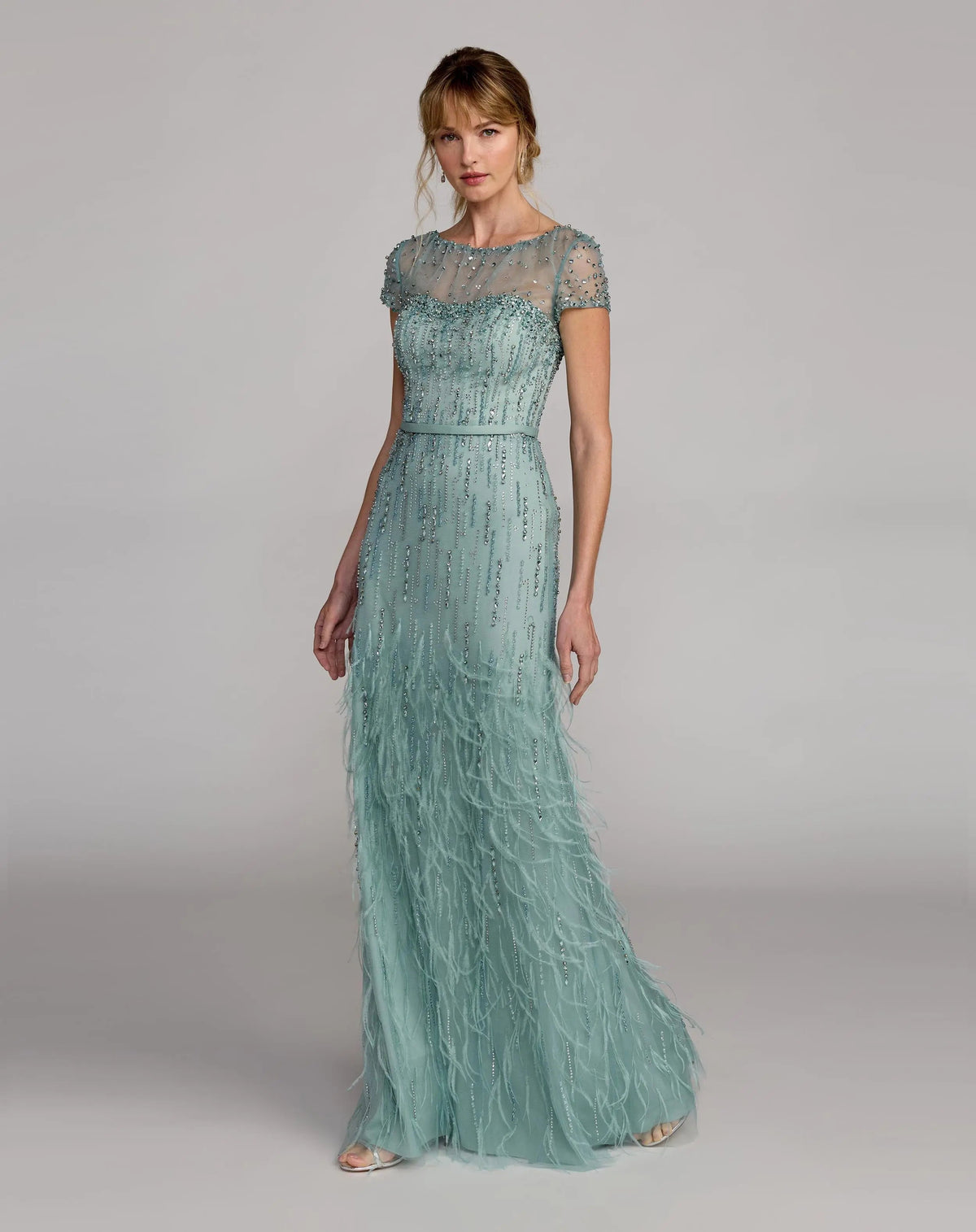 Mac Duggal Blue Rhinestone Embellished Illusion Neck Feather Gown