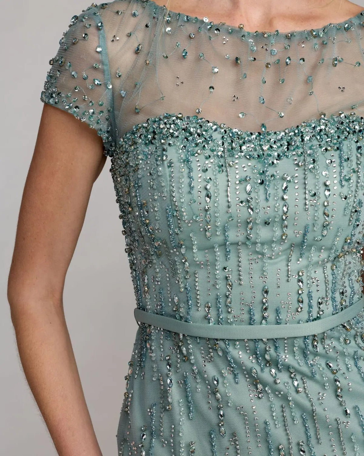 Mac Duggal Blue Rhinestone Embellished Illusion Neck Feather Gown