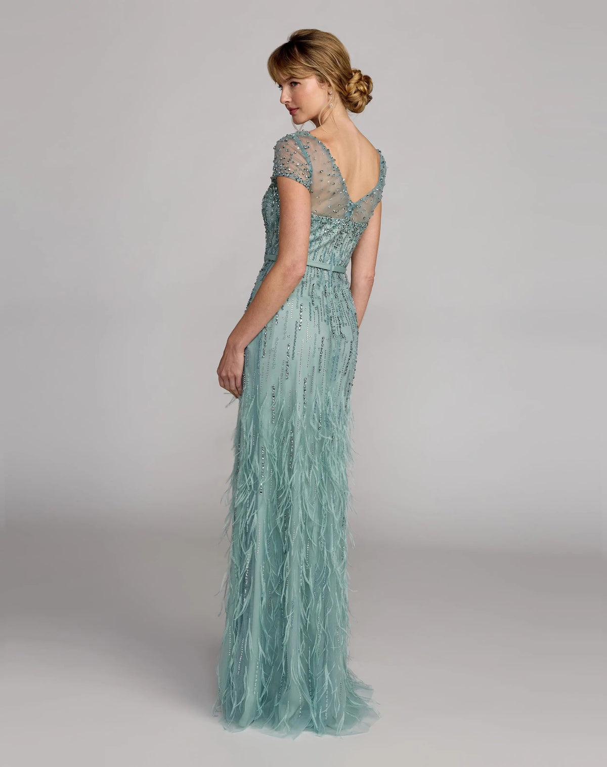 Mac Duggal Blue Rhinestone Embellished Illusion Neck Feather Gown