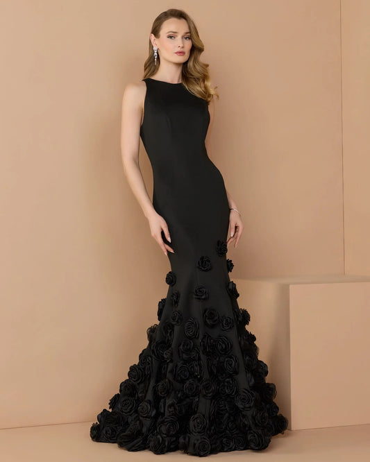 Mac Duggal Black Sleeveless Mermaid Gown With 3D Floral Hem