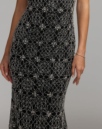 Mac Duggal Black Silver Sleeveless Embellished Column Gown