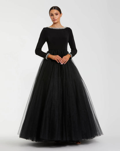 Mac Duggal Black Embellished Jersey Long Sleeve Ball Gown With Tulle Skirt