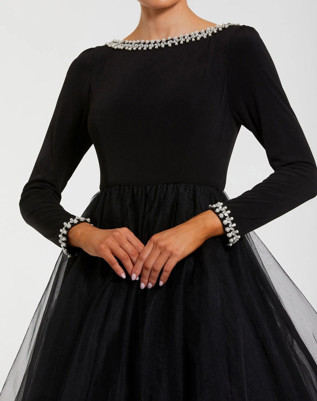 Mac Duggal Black Embellished Jersey Long Sleeve Ball Gown With Tulle Skirt
