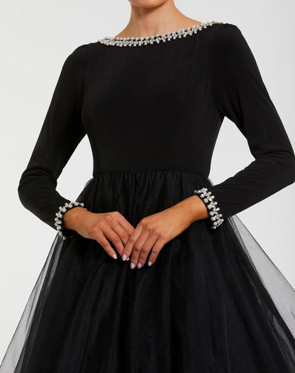 Mac Duggal Black Embellished Jersey Long Sleeve Ball Gown With Tulle Skirt
