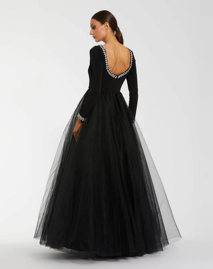 Mac Duggal Black Embellished Jersey Long Sleeve Ball Gown With Tulle Skirt