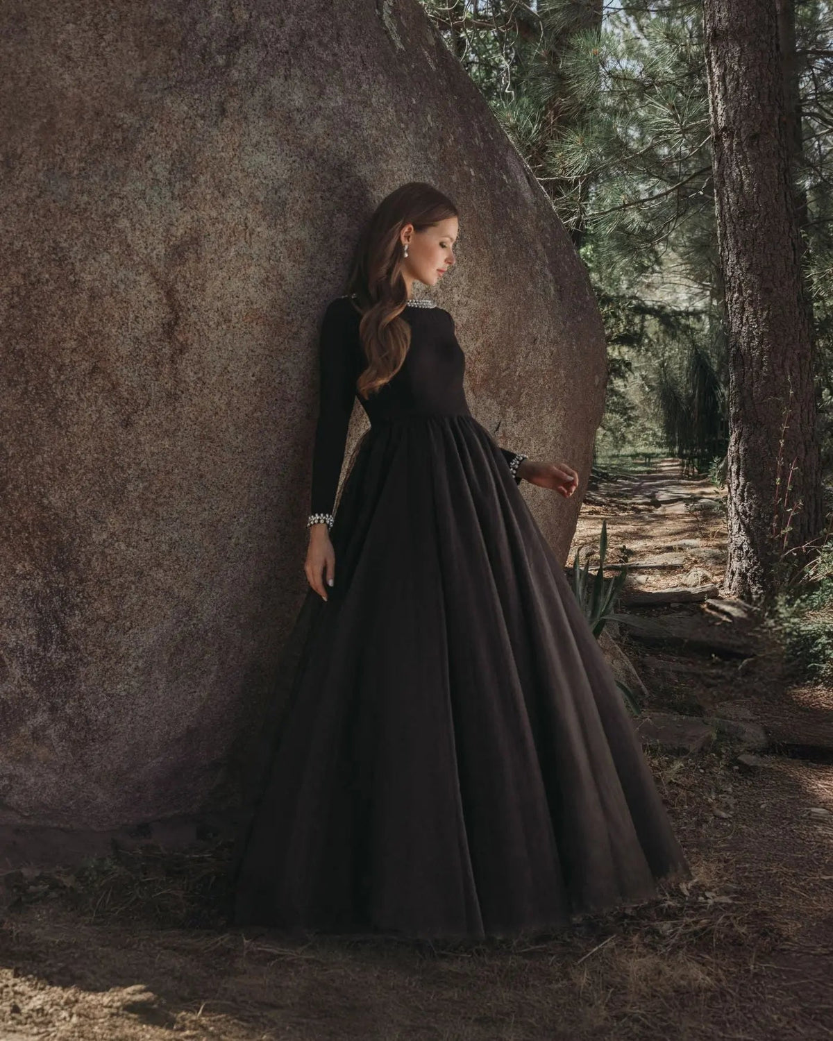 Mac Duggal Black Embellished Jersey Long Sleeve Ball Gown With Tulle Skirt
