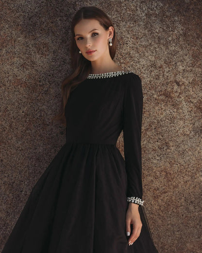 Mac Duggal Black Embellished Jersey Long Sleeve Ball Gown With Tulle Skirt