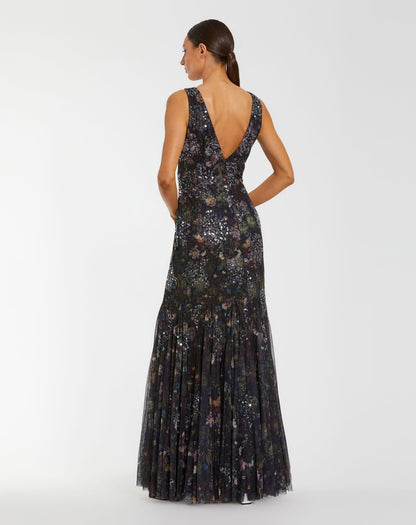 Mac Duggal Black Embellished Floral Sleeveless V-Back Gown