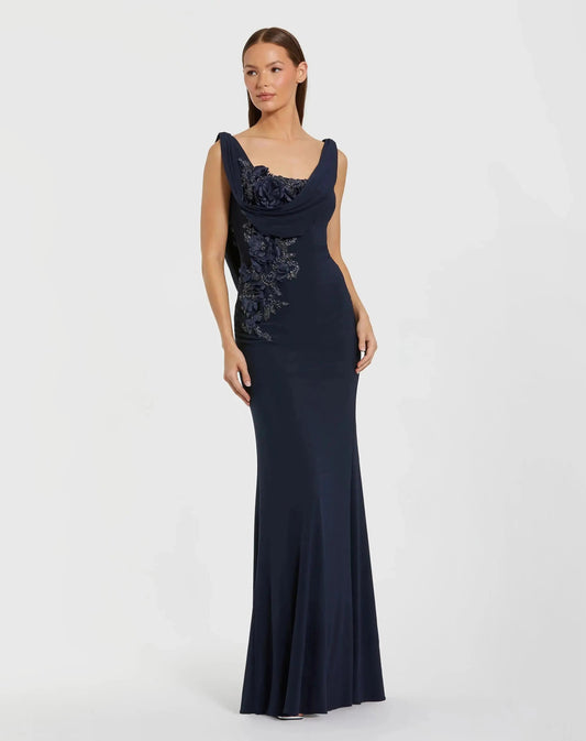 Mac Duggal Navy Sleeveless Jersey Cowl Neck Gown With Beading