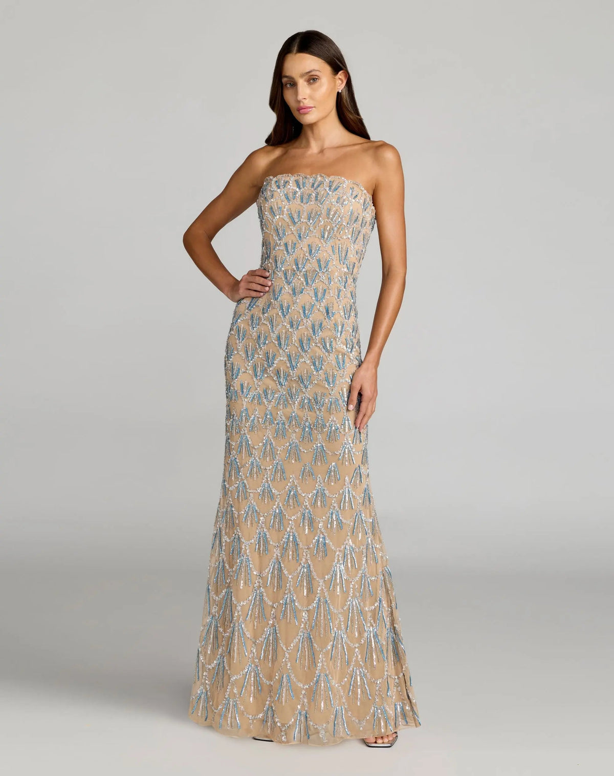 Mac Duggal Beige Hand Embellished Strapless Evening Gown