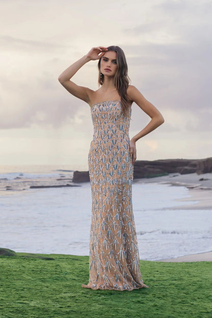 Mac Duggal Beige Hand Embellished Strapless Evening Gown