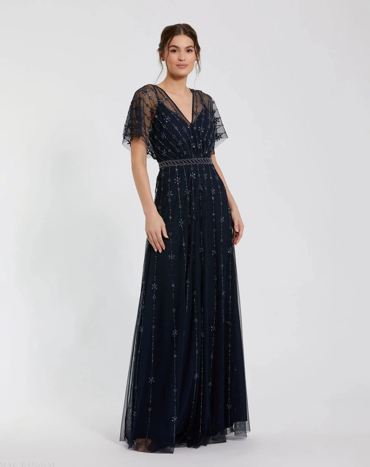 Mac Duggal V Neck Embellished Flutter Sleeve A Line Dress