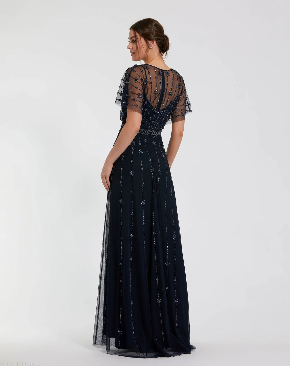 Mac Duggal V Neck Embellished Flutter Sleeve A Line Dress