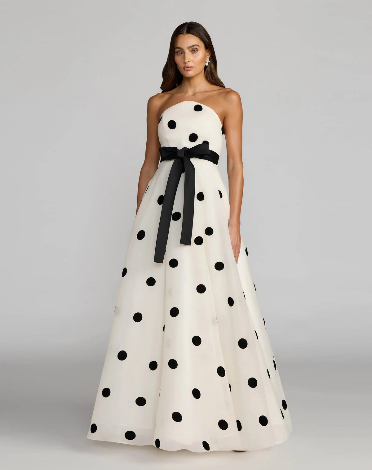 Mac Duggal White Strapless Polka Dot Organza Gown With Satin Bow