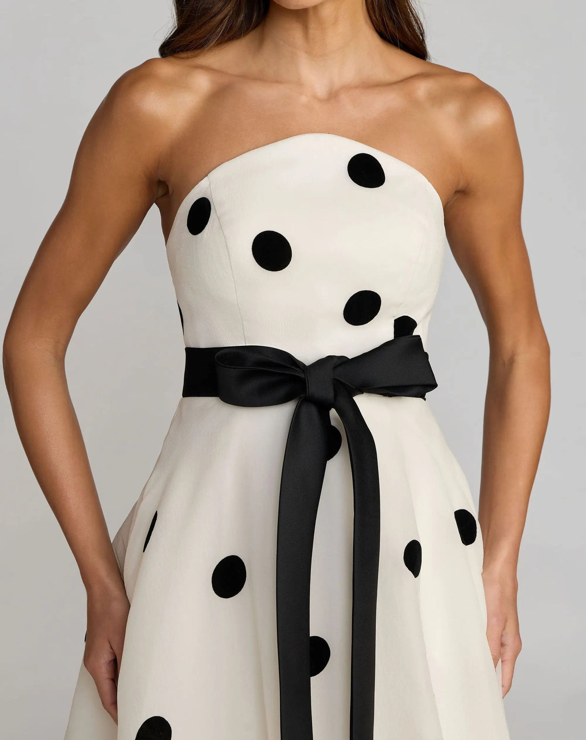 Mac Duggal White Strapless Polka Dot Organza Gown With Satin Bow