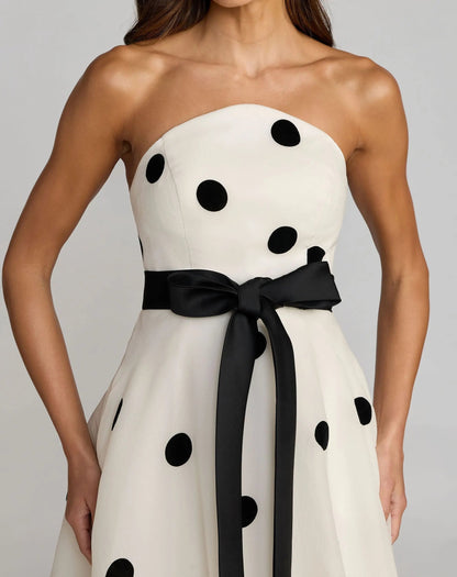 Mac Duggal White Strapless Polka Dot Organza Gown With Satin Bow