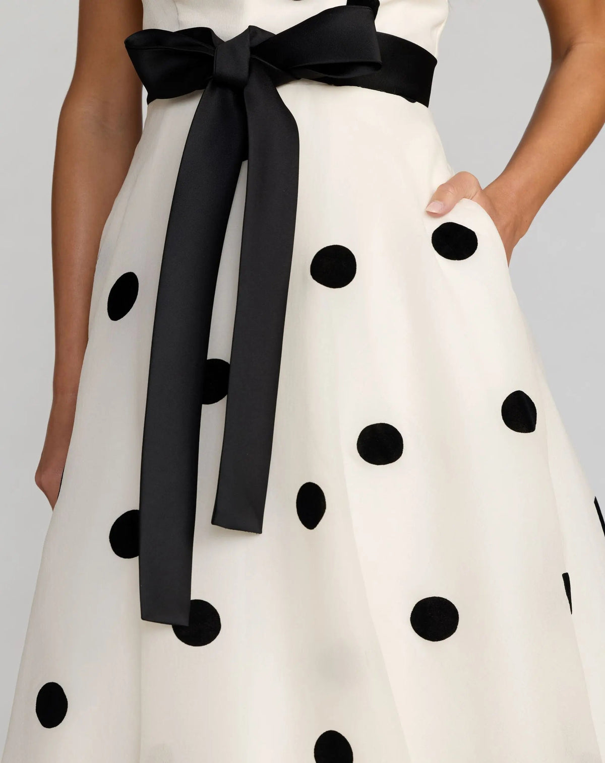Mac Duggal White Strapless Polka Dot Organza Gown With Satin Bow