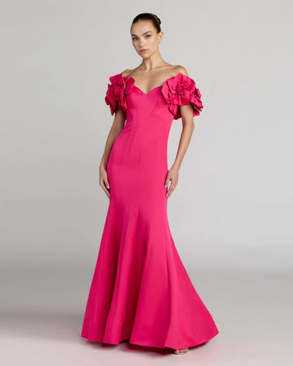 Mac Duggal Pink Off The Shoulder Gown with 3D Floral Sleeves