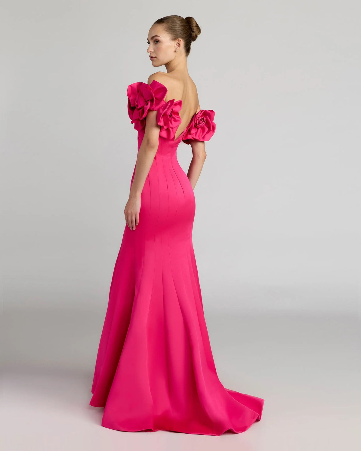 Mac Duggal Pink Off The Shoulder Gown with 3D Floral Sleeves