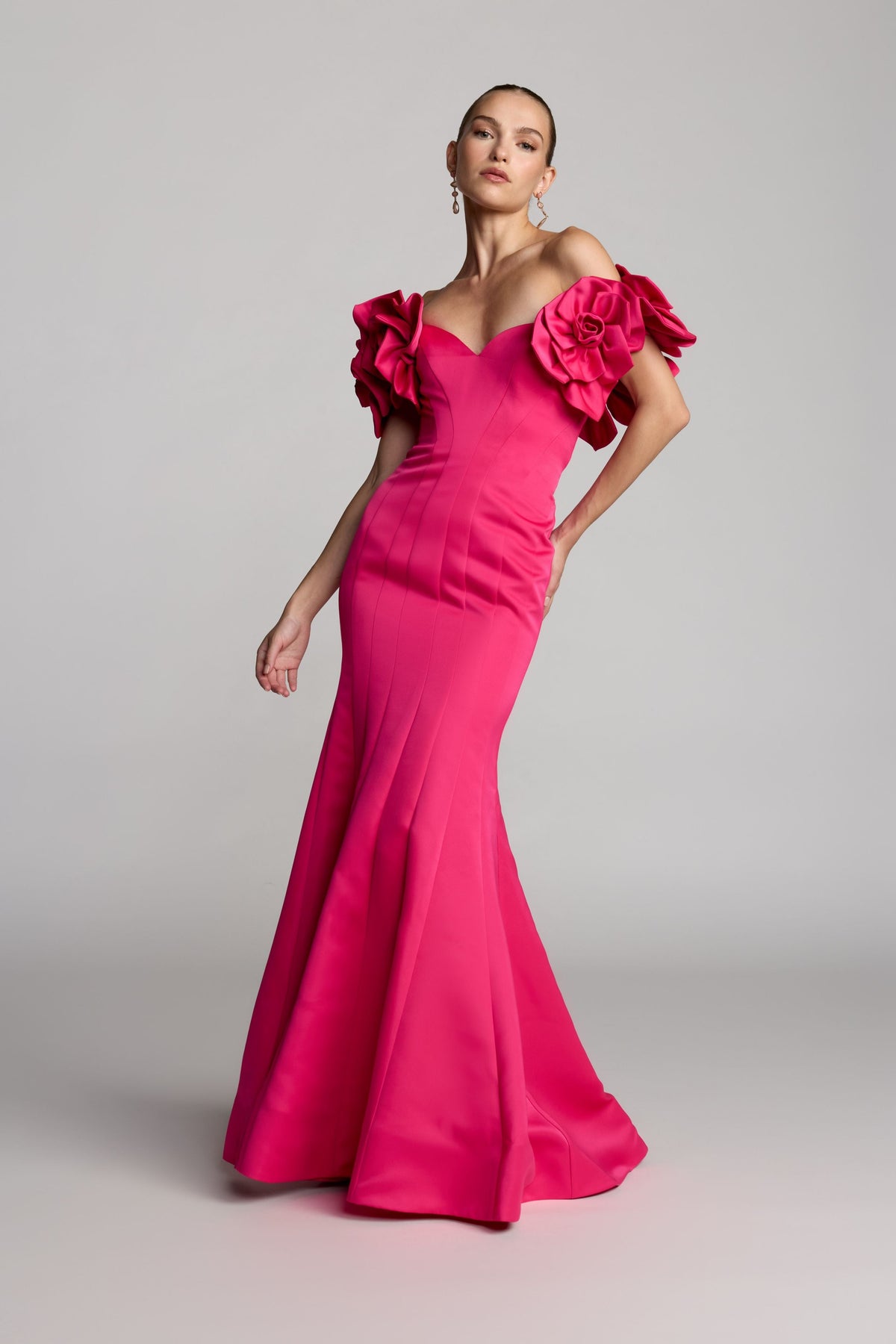 Mac Duggal Pink Off The Shoulder Gown with 3D Floral Sleeves