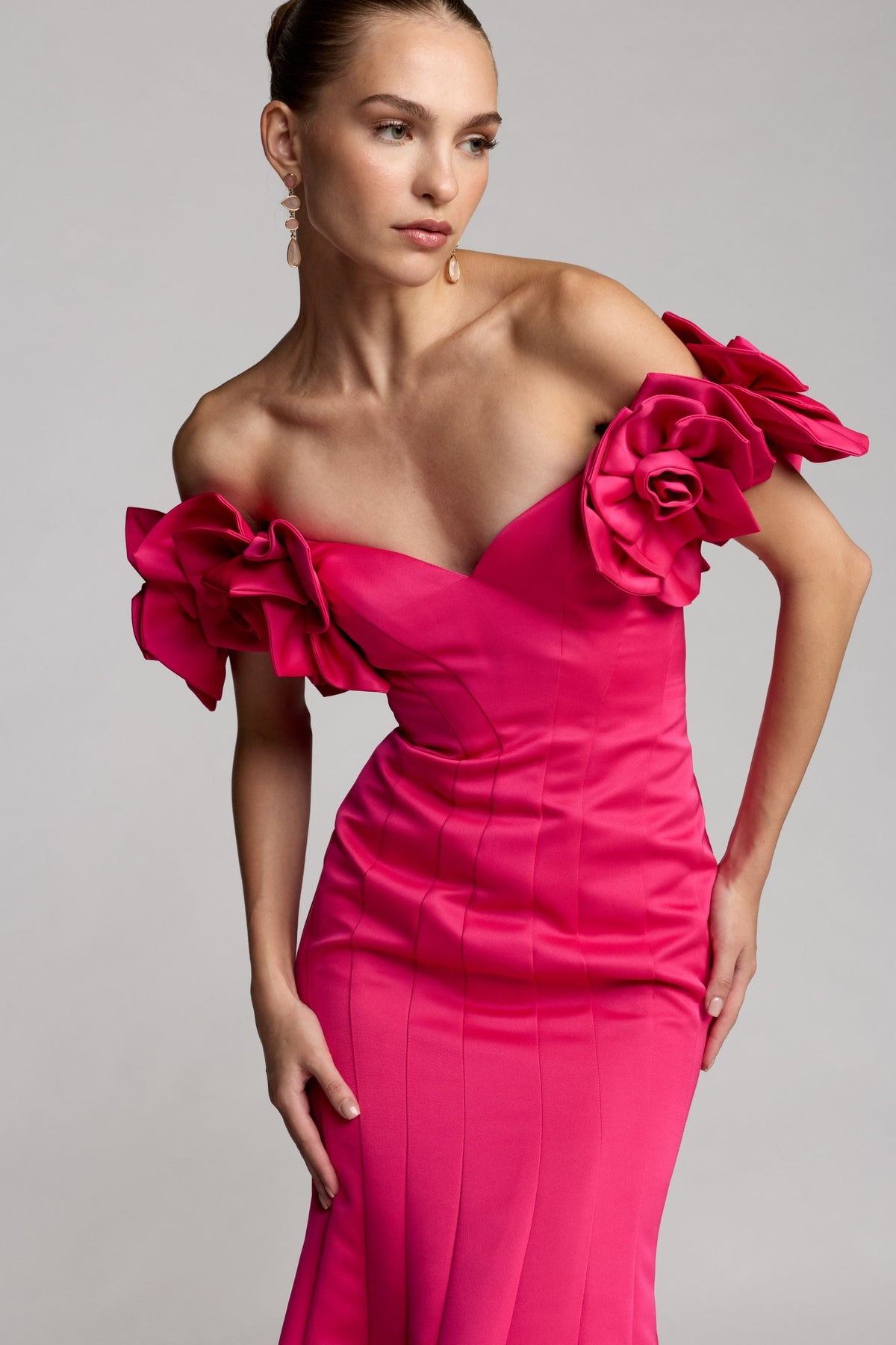 Mac Duggal Pink Off The Shoulder Gown with 3D Floral Sleeves