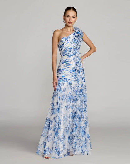 Mac Duggal Blue Ruched Floral Chiffon Gown With 3D Ruffles
