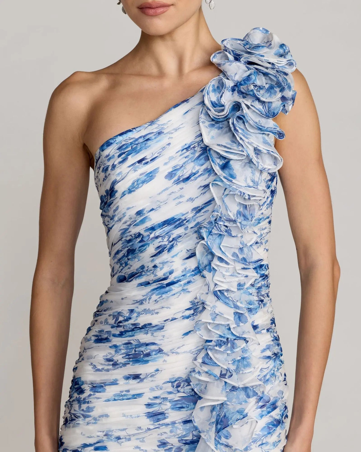 Mac Duggal Blue Ruched Floral Chiffon Gown With 3D Ruffles