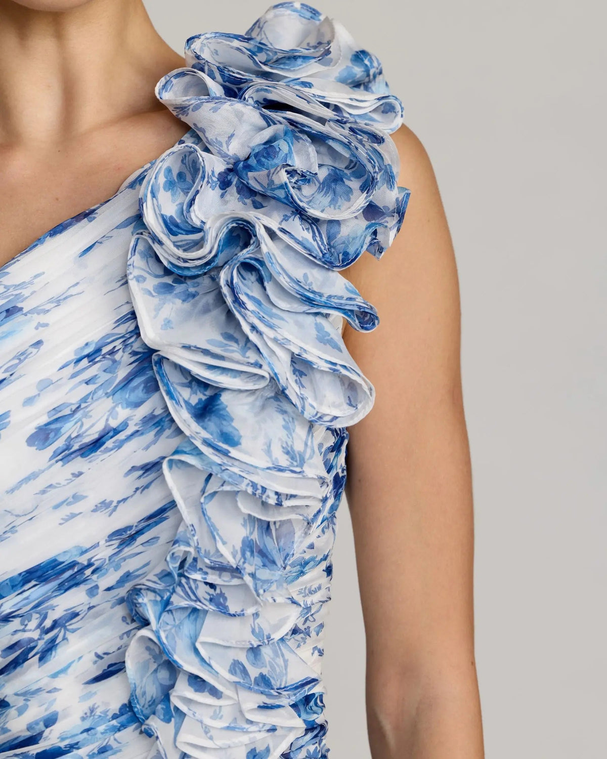 Mac Duggal Blue Ruched Floral Chiffon Gown With 3D Ruffles