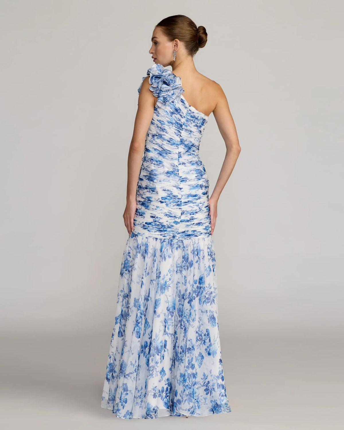 Mac Duggal Blue Ruched Floral Chiffon Gown With 3D Ruffles