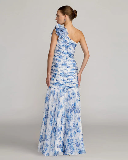 Mac Duggal Blue Ruched Floral Chiffon Gown With 3D Ruffles
