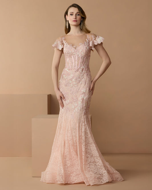 Mac Duggal Pink Embroidered Lace Flutter Sleeve Trumpet Gown