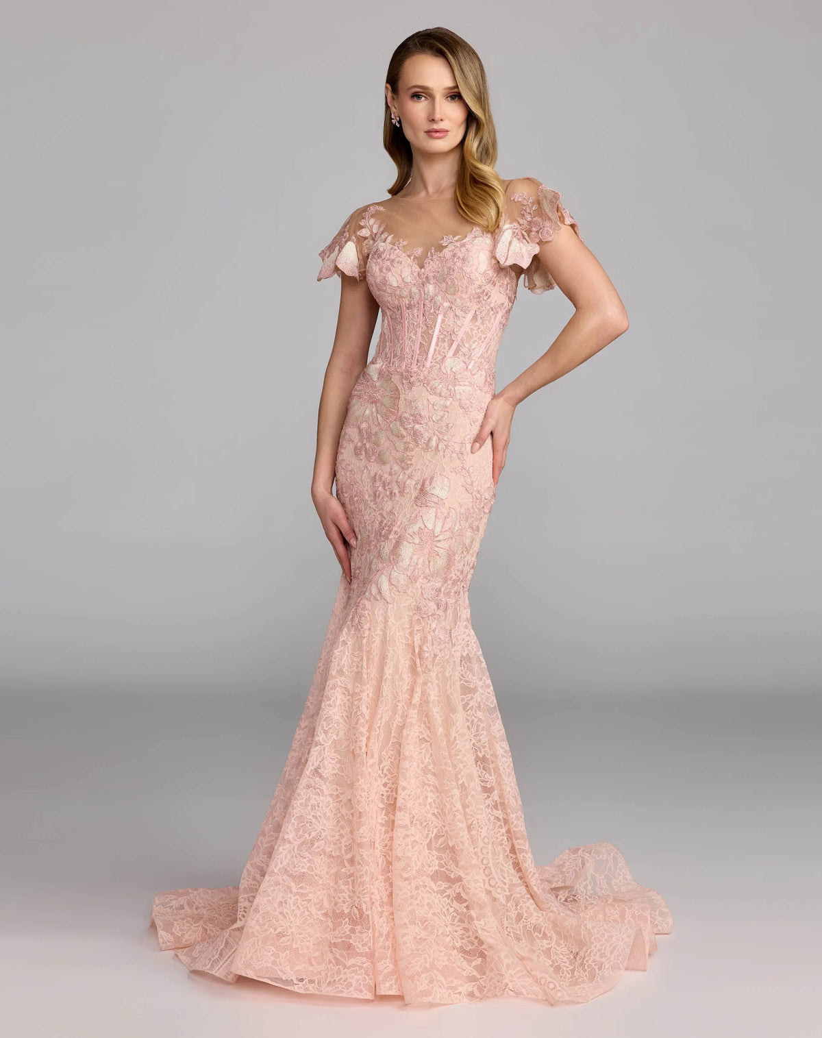 Mac Duggal Pink Embroidered Lace Flutter Sleeve Trumpet Gown