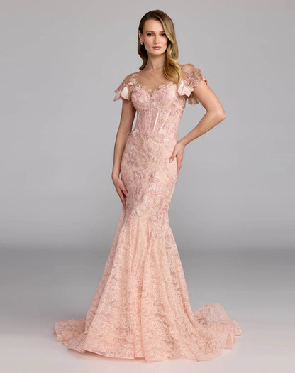 Mac Duggal Pink Embroidered Lace Flutter Sleeve Trumpet Gown