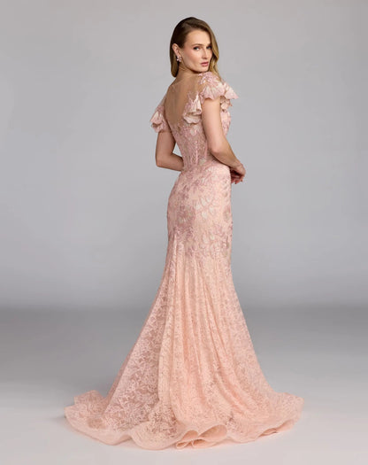 Mac Duggal Pink Embroidered Lace Flutter Sleeve Trumpet Gown