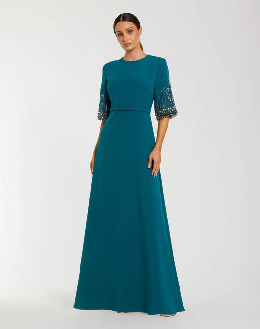 Mac Duggal Blue Crepe A Line Gown with Beaded 3/4 Sleeves