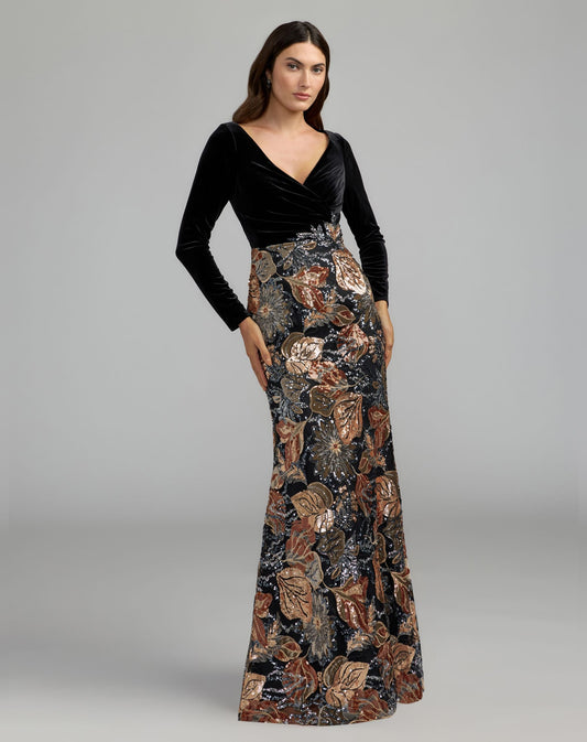 Mac Duggal Black Long Sleeve Floral Embellished Velvet Gown