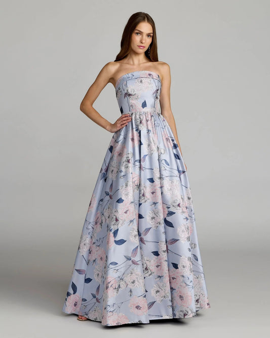 Mac Duggal Blue Floral Brocade Strapless Ball Gown